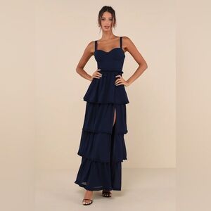 Lulus Sophisticated Occasion Navy Blue Bustier Lace-Up Maxi Dress